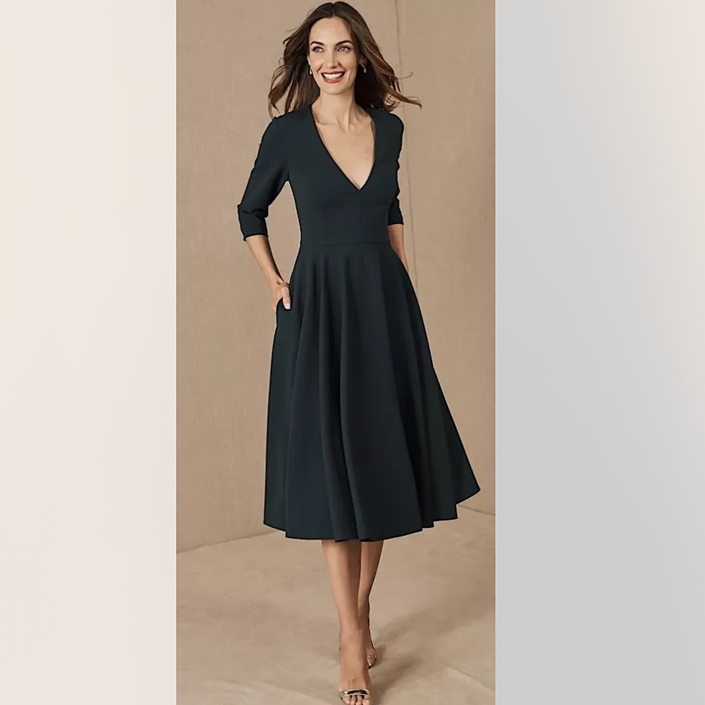 BHLDN Valdis in Emerald Green Dress Size 12 Midi Long V Neck Pockets